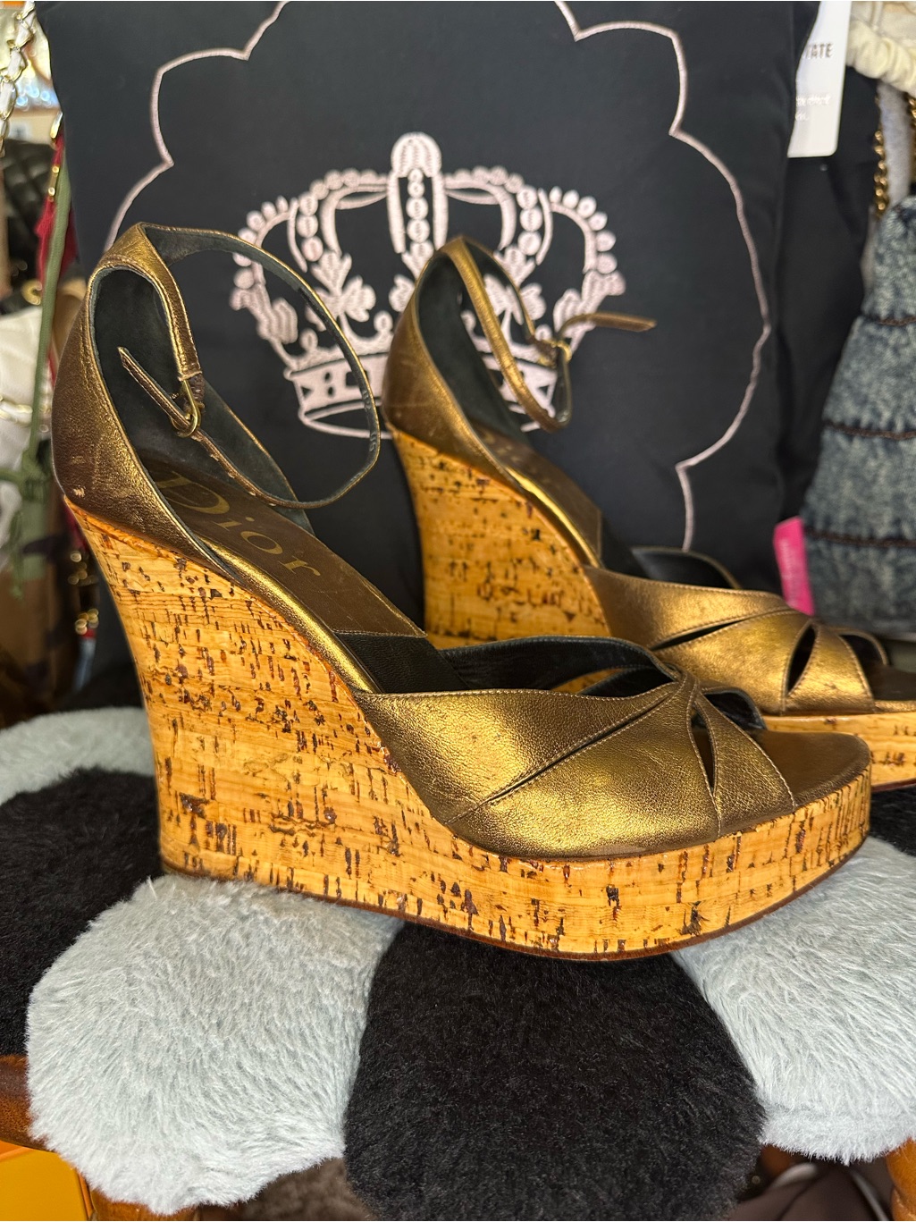 Dior Metallic Bronze Leather Cork Wedge Sandals